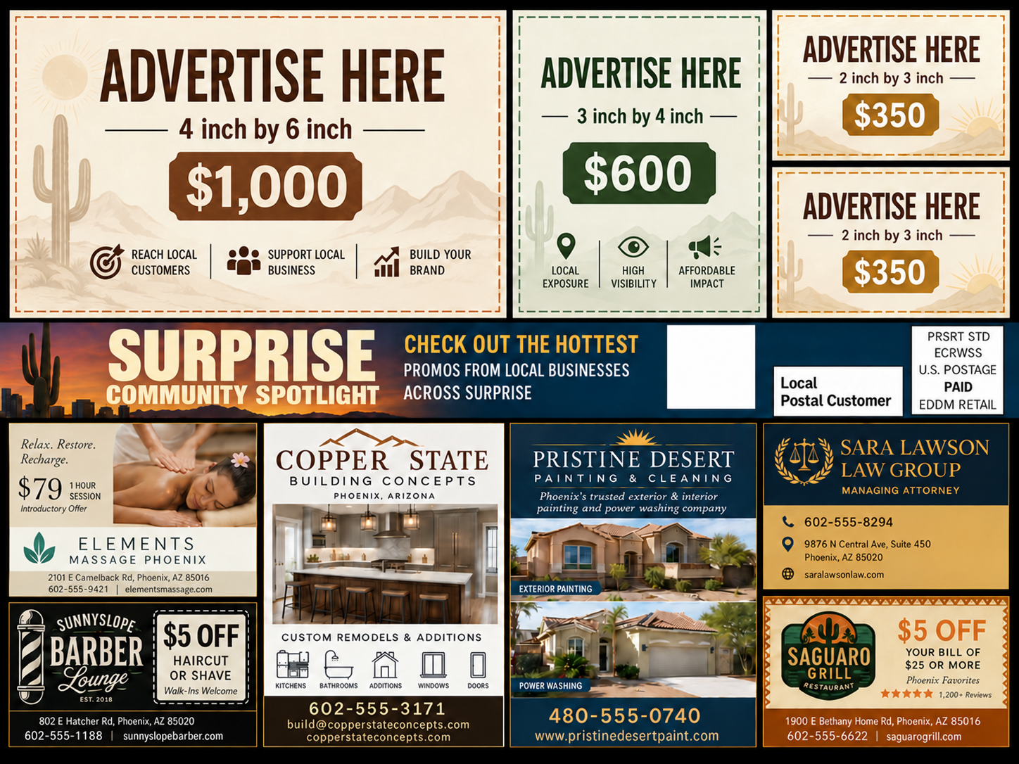 Surprise Community Spotlight sample postcard with advertising placement sizes